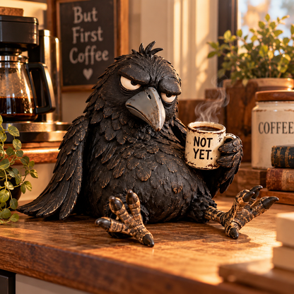 😒☕ Coffee First Raven™ – Grumpy Morning Desk Decor