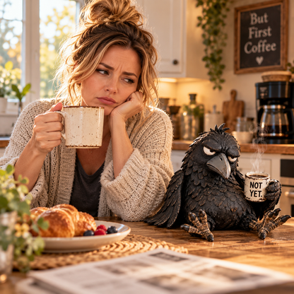 😒☕ Coffee First Raven™ – Grumpy Morning Desk Decor