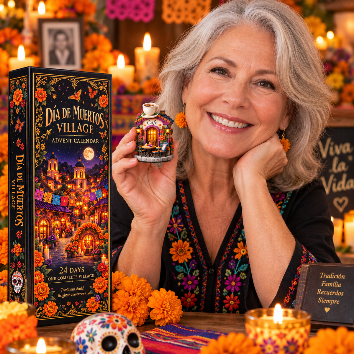 Woman holding Dia de Muertos miniature village piece