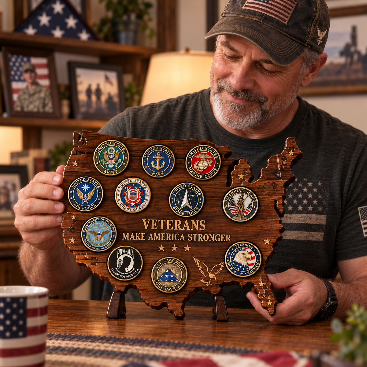 🇺🇸 Veterans Tribute — USA Map Challenge Coin Display