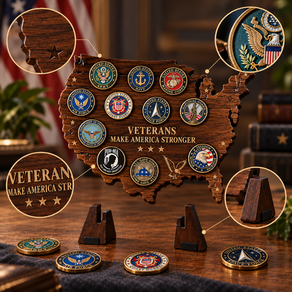 🇺🇸 Veterans Tribute — USA Map Challenge Coin Display