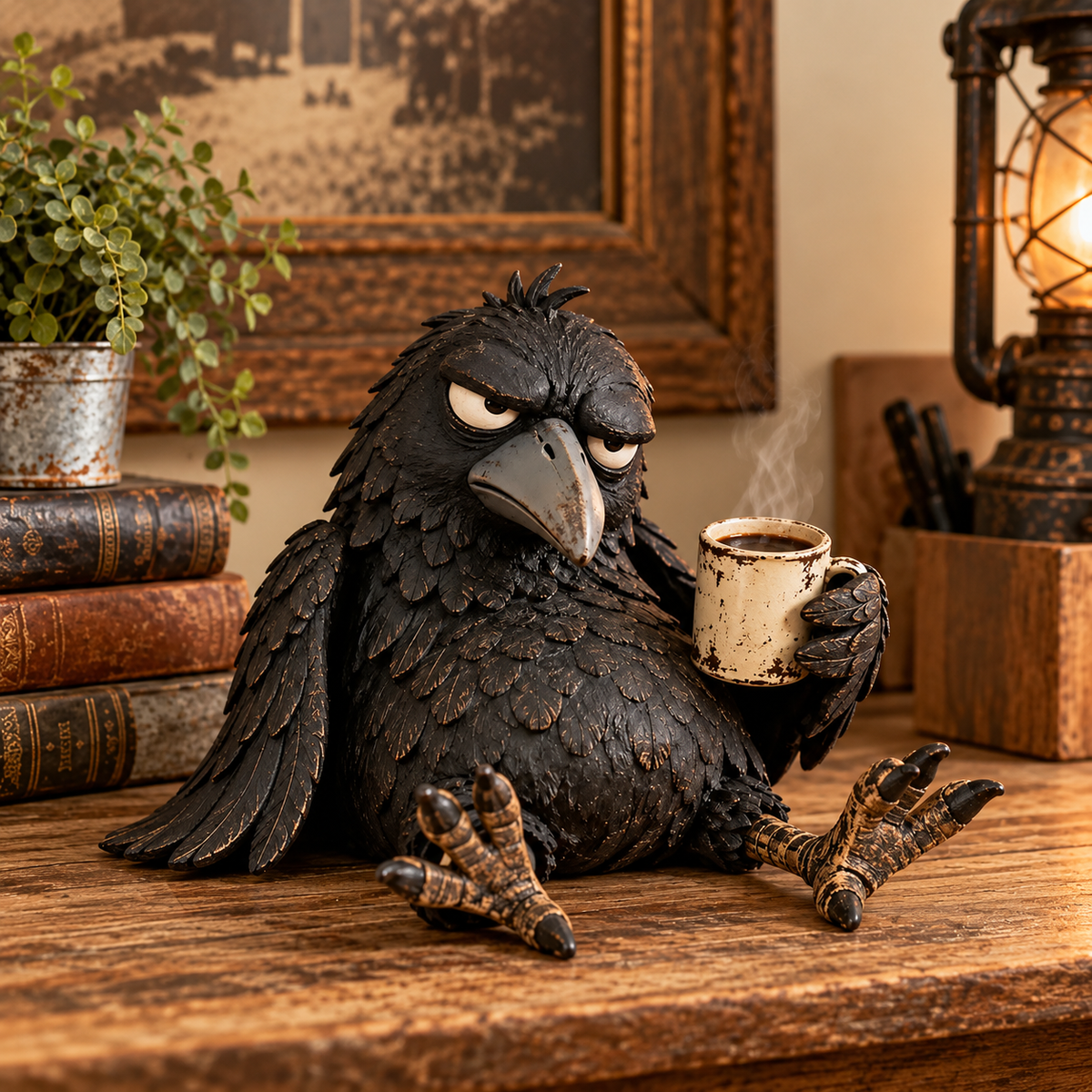 😒☕ Coffee First Raven™ – Grumpy Morning Desk Decor