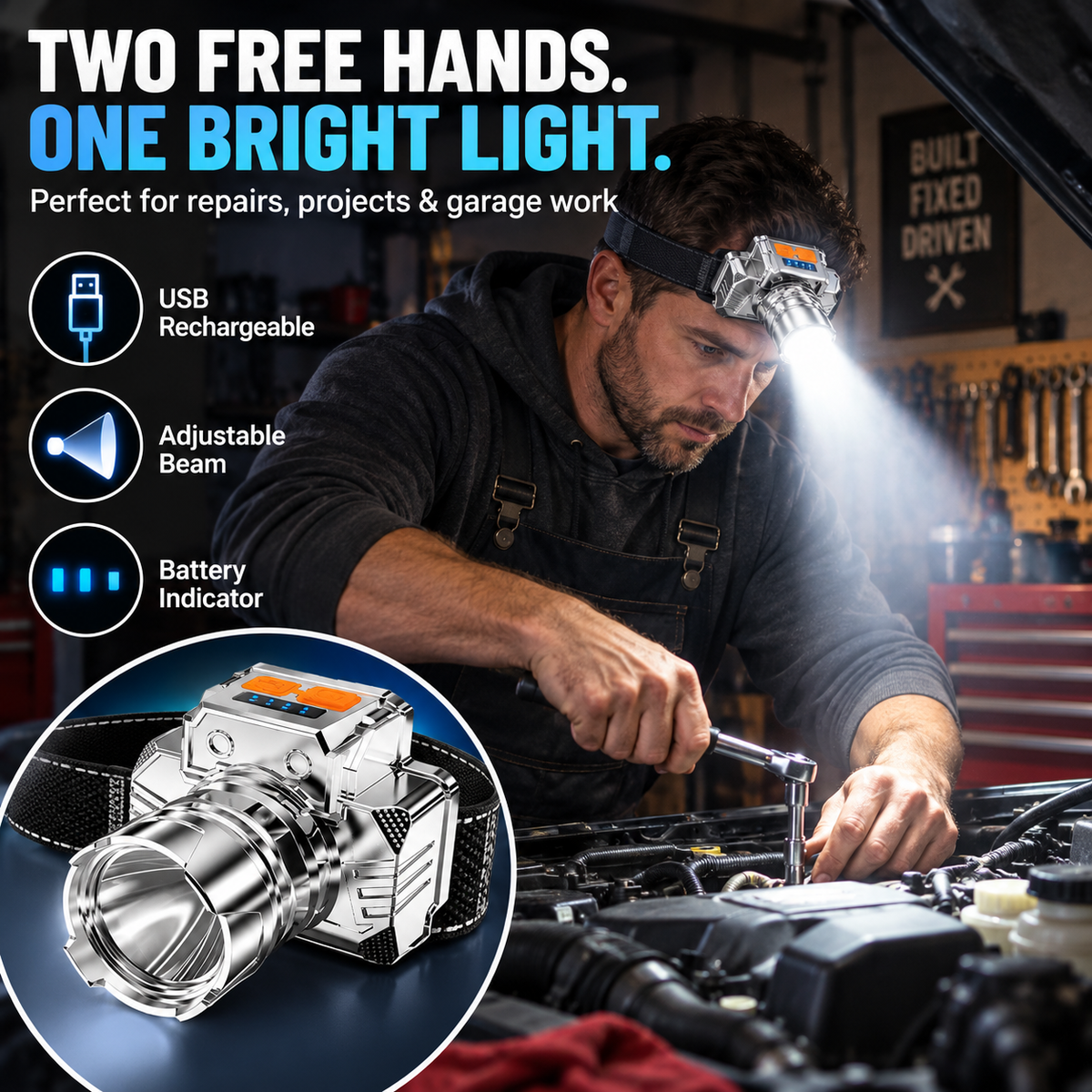 🐟🔦 Rechargeable LED Headlamp–Bright hands-free lighting for fishing, repairs, camping & everyday emergencies.