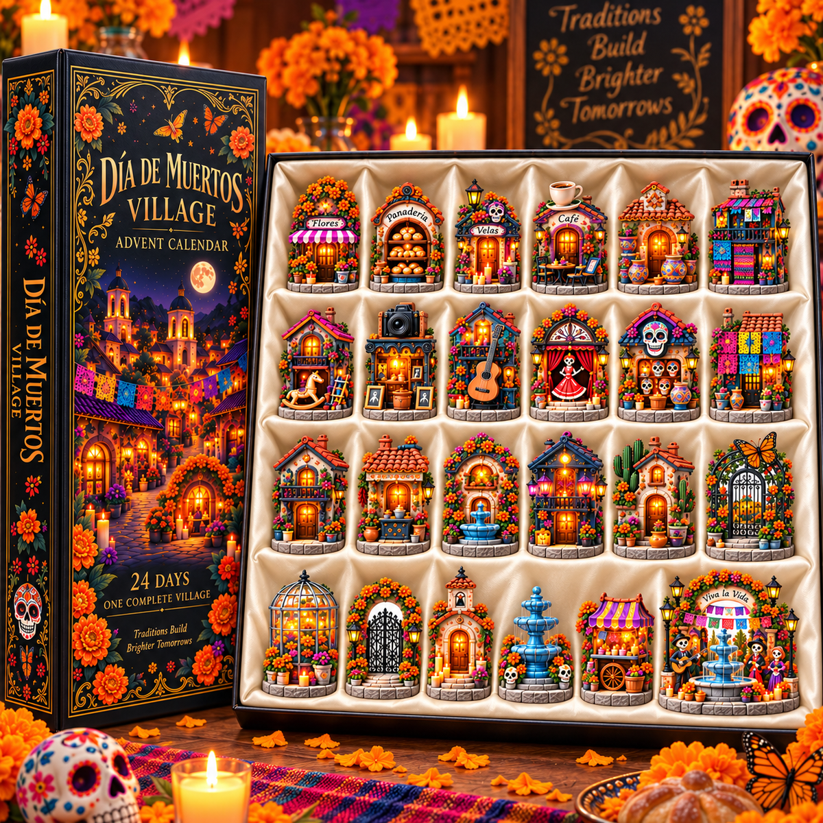 24 miniature Dia de Muertos village pieces in presentation tray