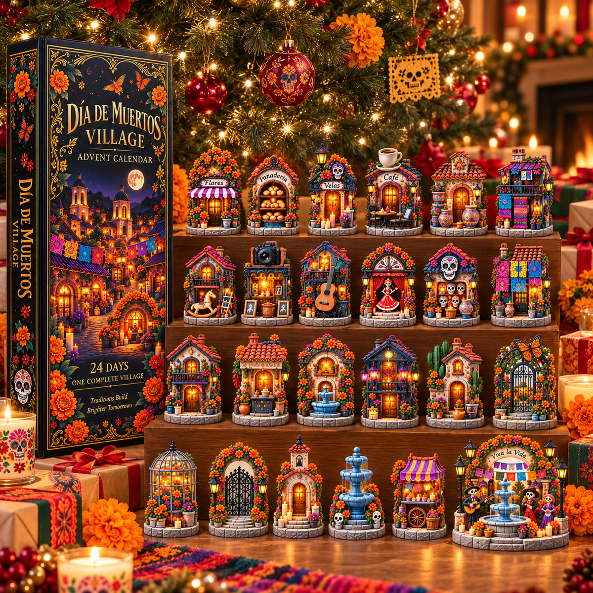Complete Dia de Muertos miniature village display
