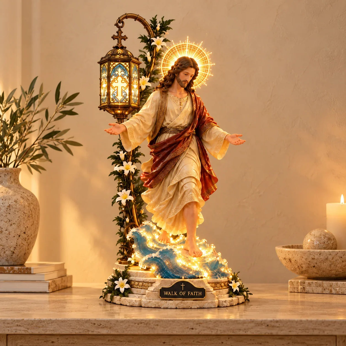 Walk by Faith illuminated Jesus walking on water sculpture