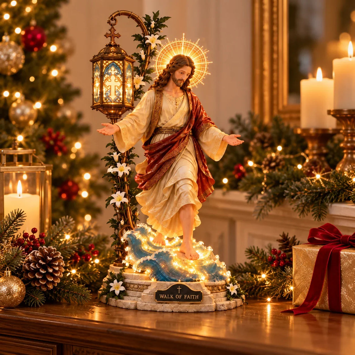 Walk by Faith illuminated Jesus sculpture in Christmas decor