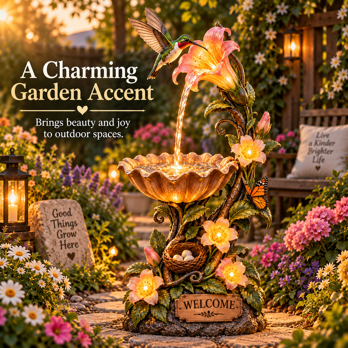 🐦✨ Hummingbird Nectar Fountain™ – Lighted Garden & Porch Decor