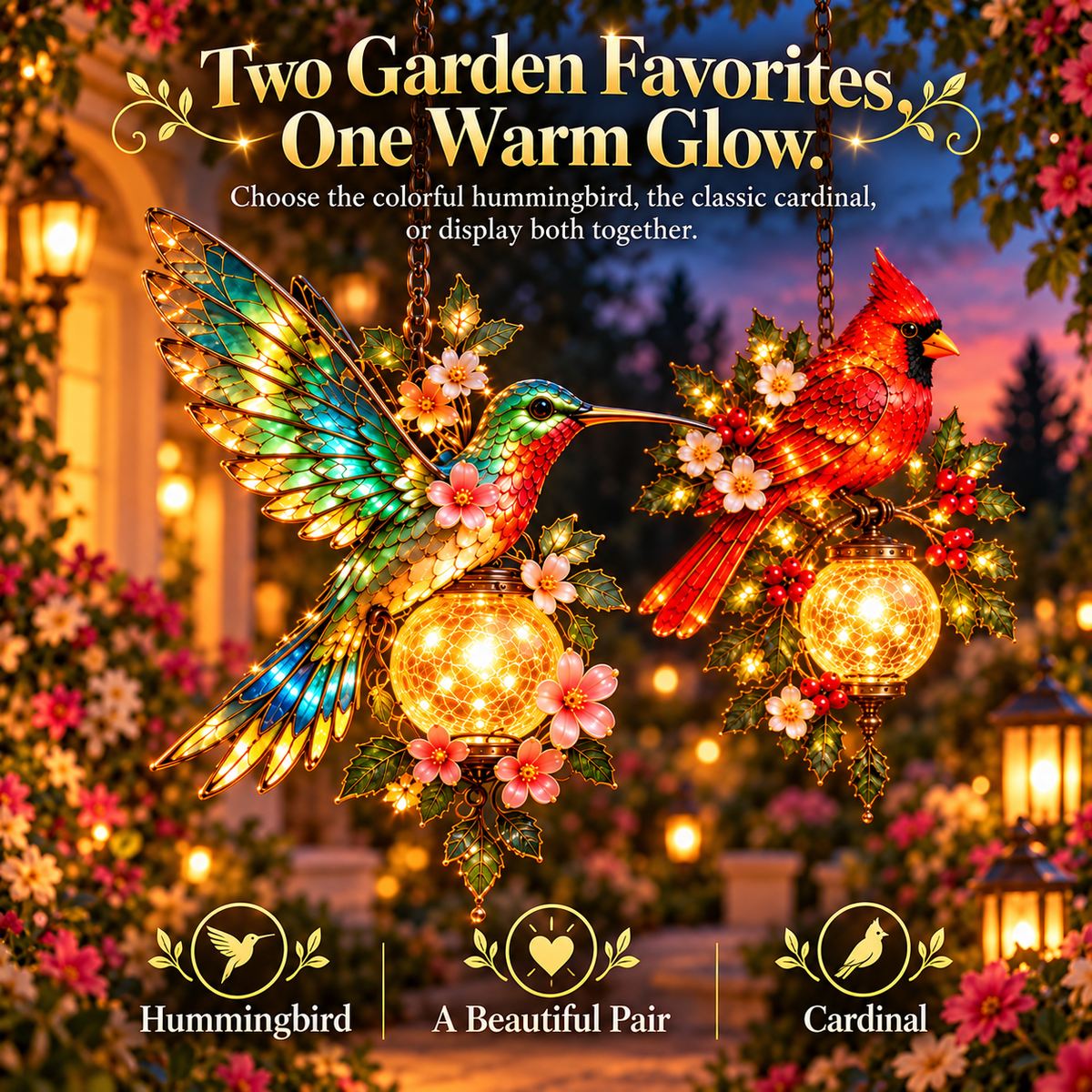 🐦❤️ Garden Bird Glow™ – Solar Hummingbird & Cardinal Hanging Light ✨