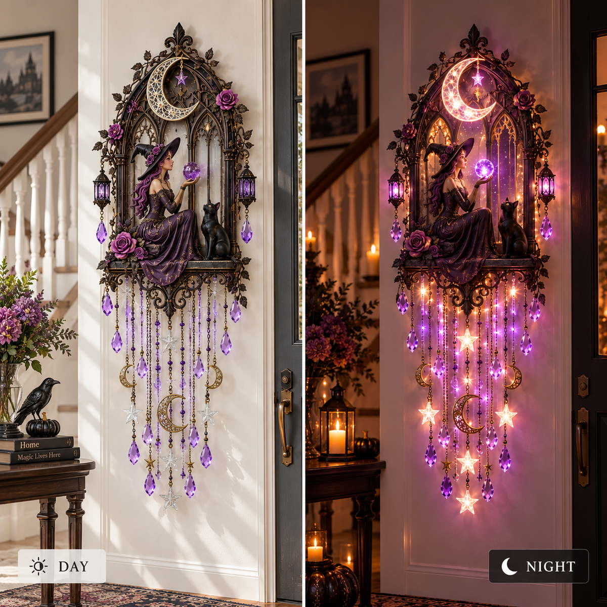 🔥 Witch Moon Cathedral Glow™ 🌙– Lighted Gothic Halloween Wall Decor✨