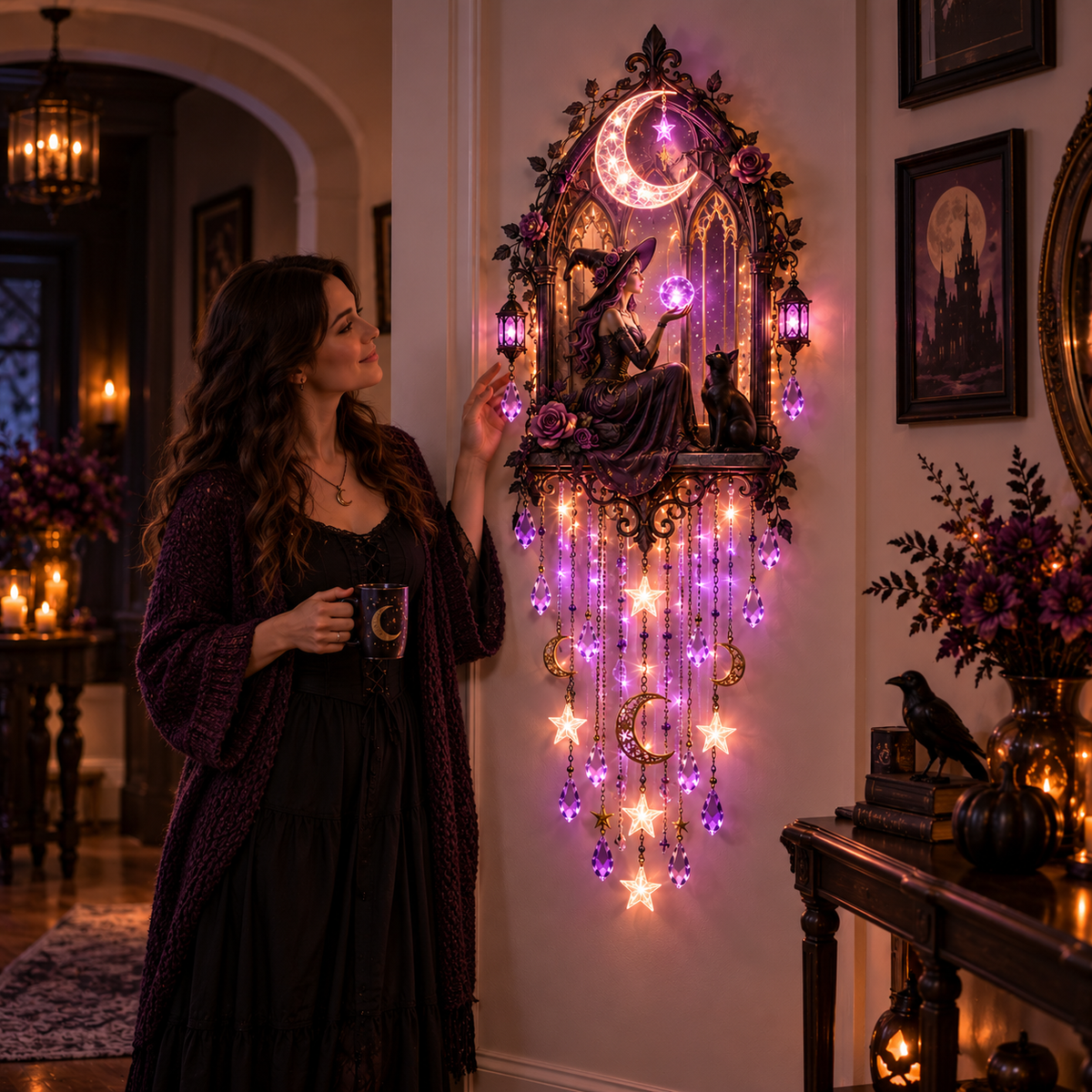 🔥 Witch Moon Cathedral Glow™ 🌙– Lighted Gothic Halloween Wall Decor✨