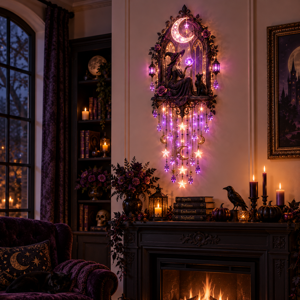 🔥 Witch Moon Cathedral Glow™ 🌙– Lighted Gothic Halloween Wall Decor✨