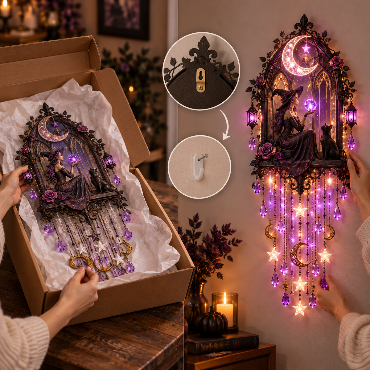 🔥 Witch Moon Cathedral Glow™ 🌙– Lighted Gothic Halloween Wall Decor✨