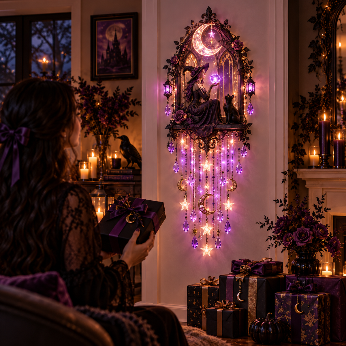 🔥 Witch Moon Cathedral Glow™ 🌙– Lighted Gothic Halloween Wall Decor✨