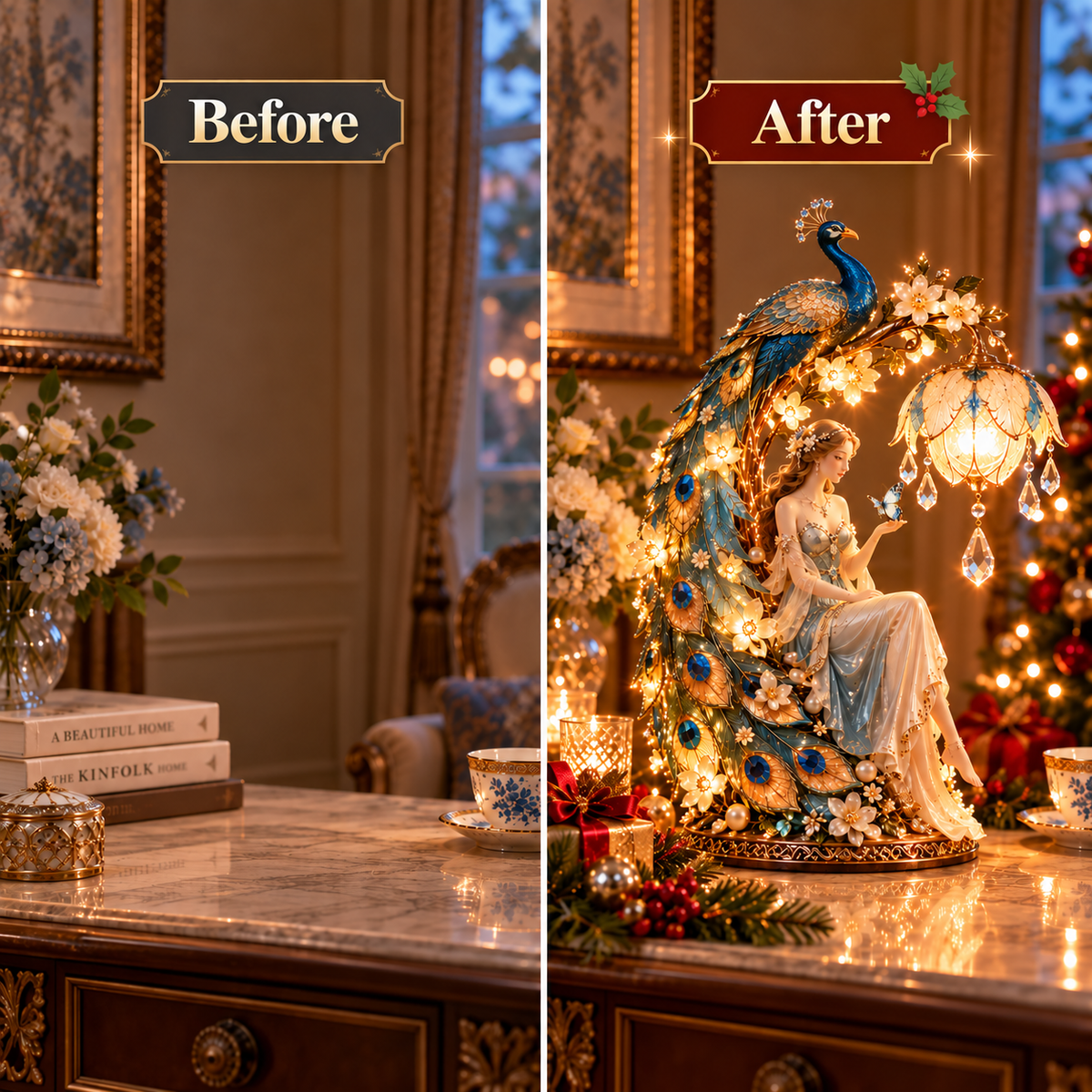 ✨ Holiday Sale 🦚 Moonlit Peacock Fairy™ – Elegant Lighted Lady Sculpture with Crystal Glow