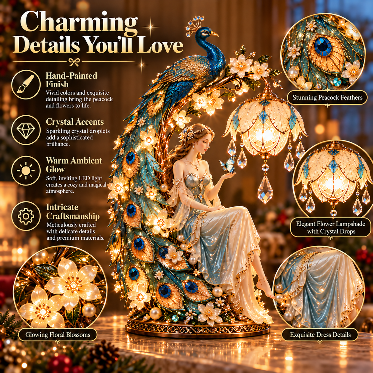 ✨ Holiday Sale 🦚 Moonlit Peacock Fairy™ – Elegant Lighted Lady Sculpture with Crystal Glow