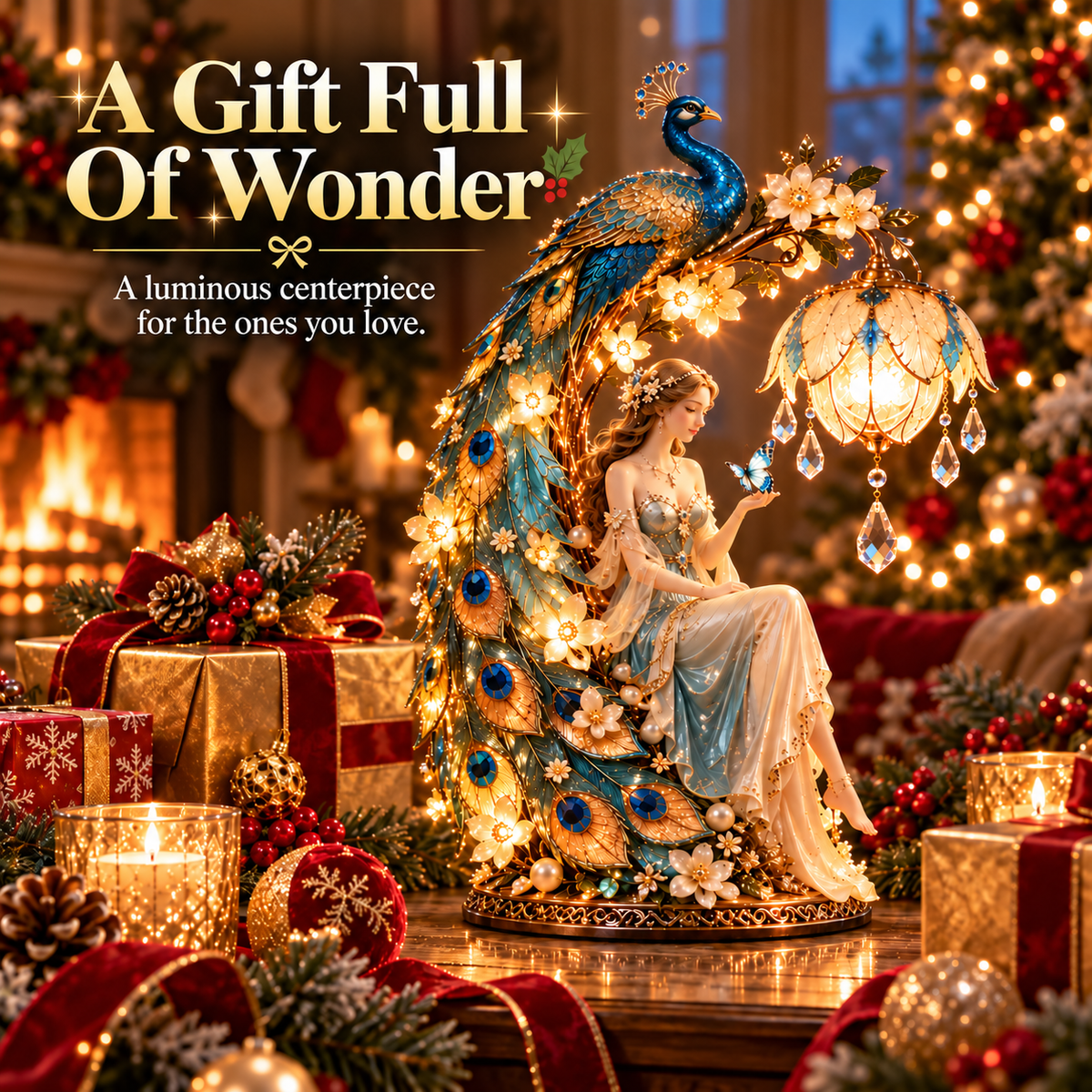 ✨ Holiday Sale 🦚 Moonlit Peacock Fairy™ – Elegant Lighted Lady Sculpture with Crystal Glow