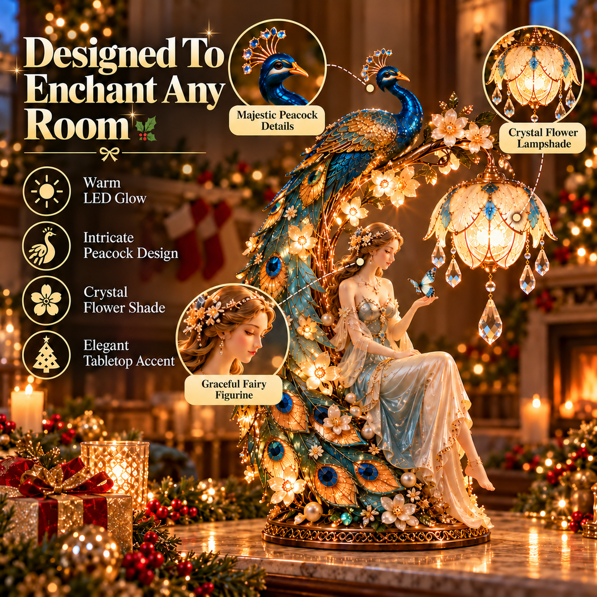 ✨ Holiday Sale 🦚 Moonlit Peacock Fairy™ – Elegant Lighted Lady Sculpture with Crystal Glow