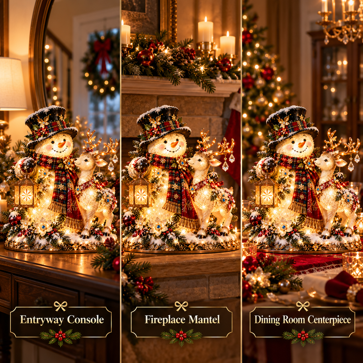 Snowman & Reindeer Glow entryway fireplace dining room