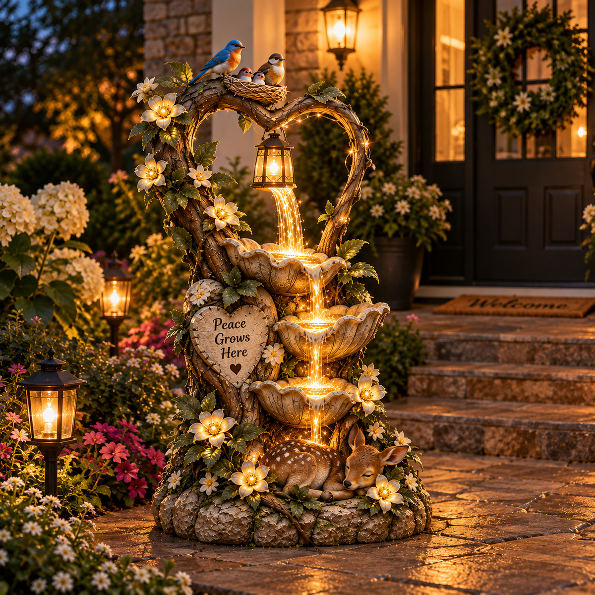 🔥 Last Day 49% OFF 🦌Glowing Heart Garden Fountain With Birds & Fawn