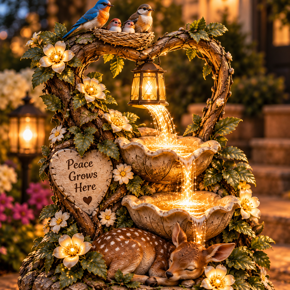 🔥 Last Day 49% OFF 🦌Glowing Heart Garden Fountain With Birds & Fawn