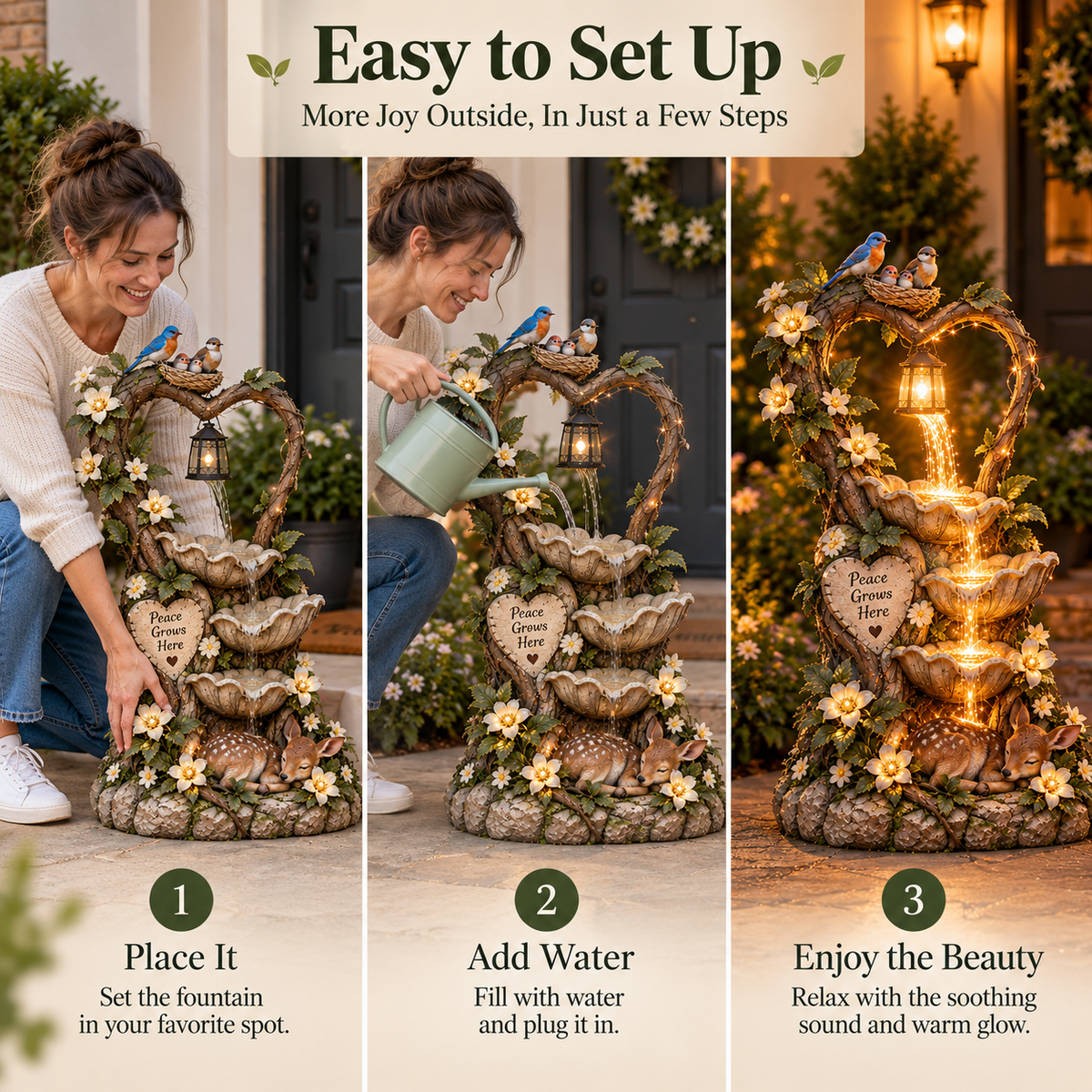 🔥 Last Day 49% OFF 🦌Glowing Heart Garden Fountain With Birds & Fawn