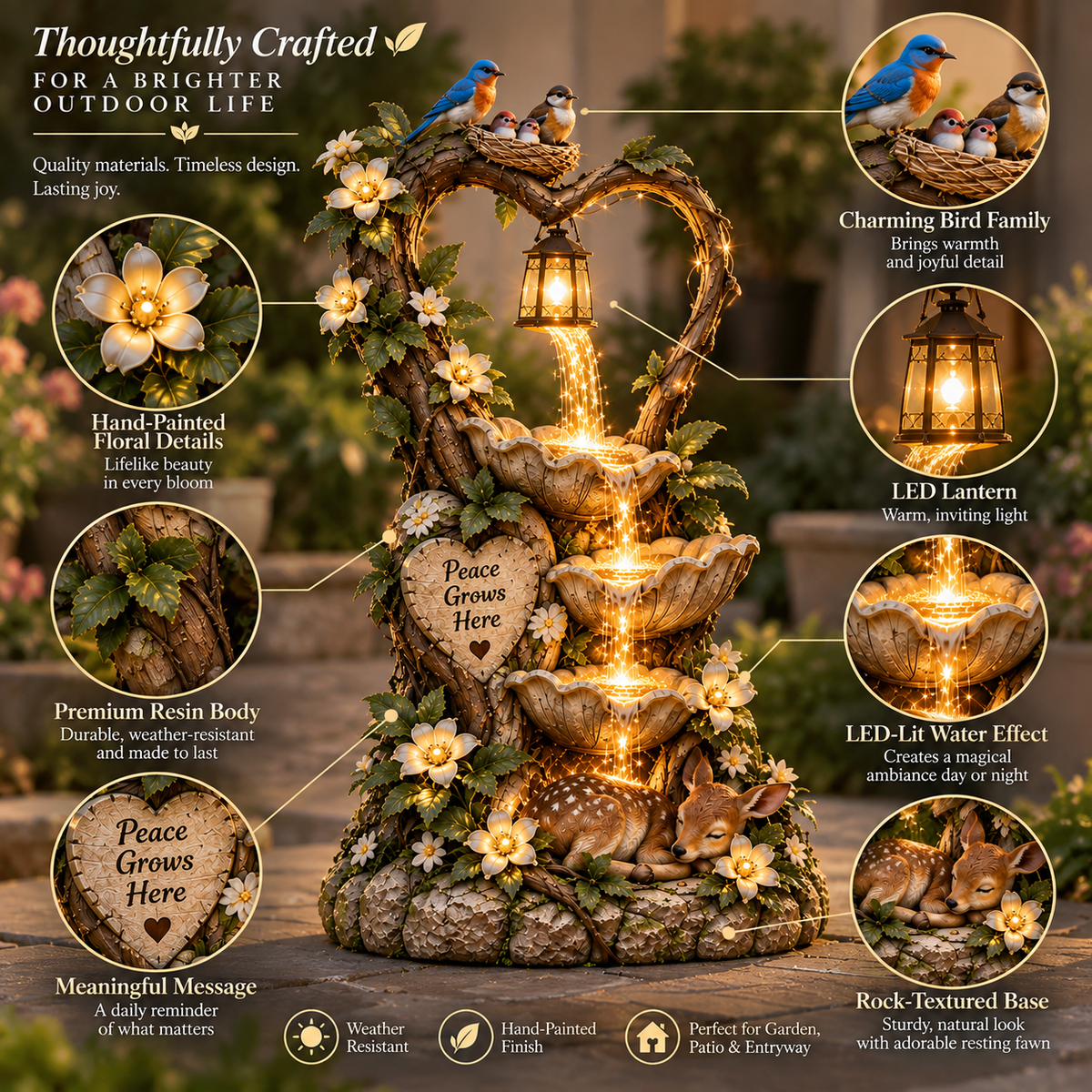🔥 Last Day 49% OFF 🦌Glowing Heart Garden Fountain With Birds & Fawn