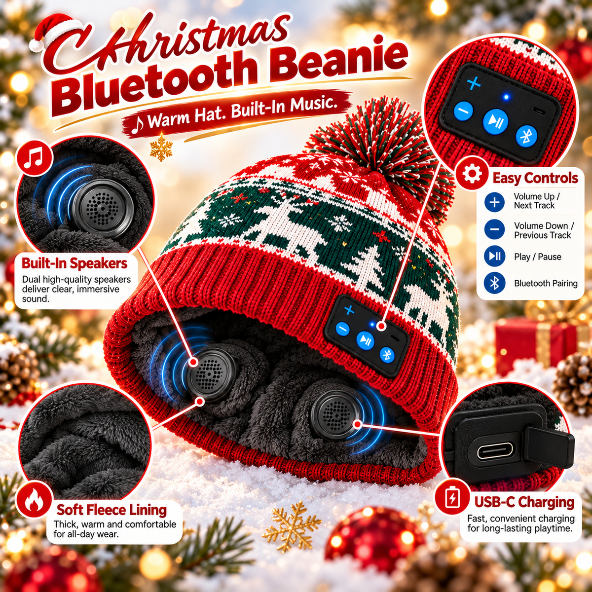 🎄 Christmas Tune Beanie™ – Warm Bluetooth Music Hat with Built-In Speakers 🎧
