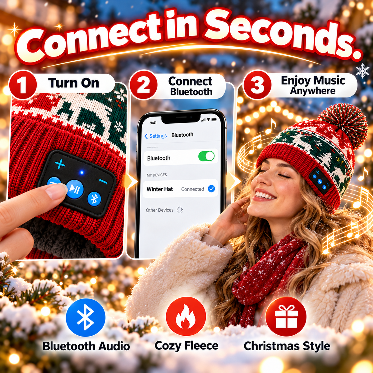 🎄 Christmas Tune Beanie™ – Warm Bluetooth Music Hat with Built-In Speakers 🎧