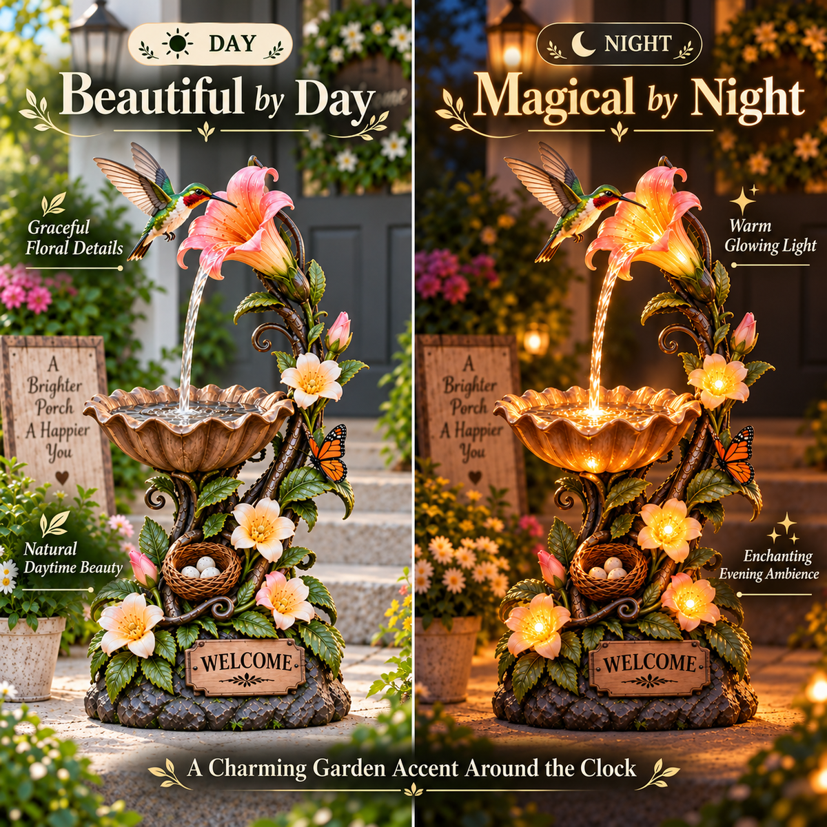 🐦✨ Hummingbird Nectar Fountain™ – Lighted Garden & Porch Decor