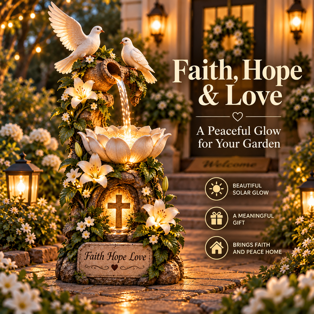 🕊️✝️ Faith Hope Love Fountain™ – Lighted Christian Garden Decor