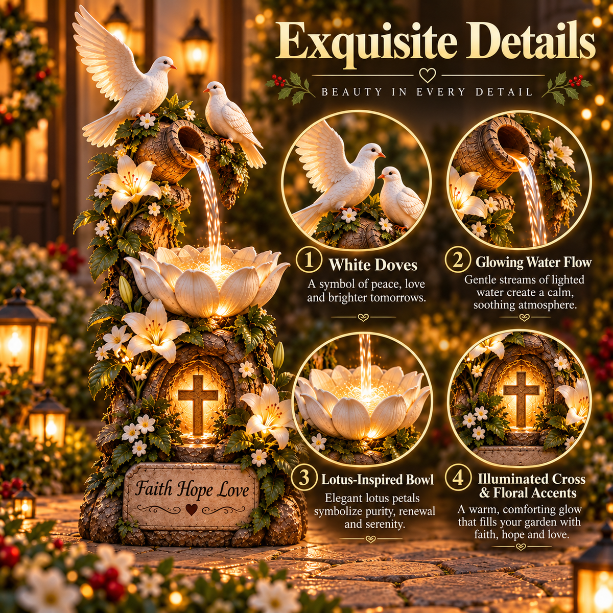 🕊️✝️ Faith Hope Love Fountain™ – Lighted Christian Garden Decor
