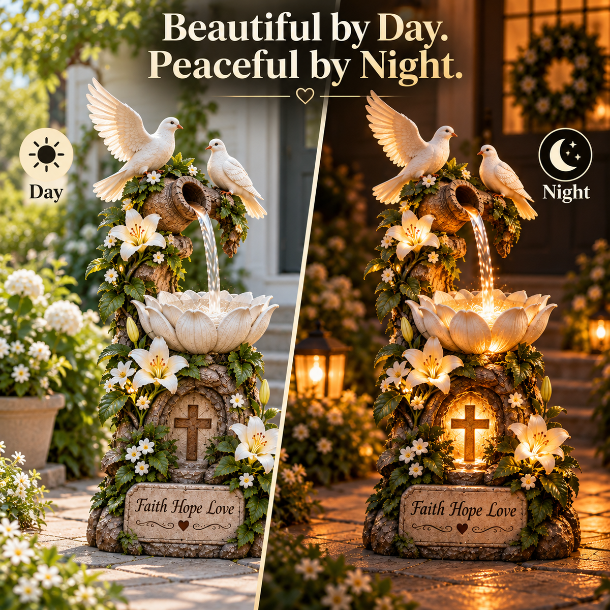 🕊️✝️ Faith Hope Love Fountain™ – Lighted Christian Garden Decor