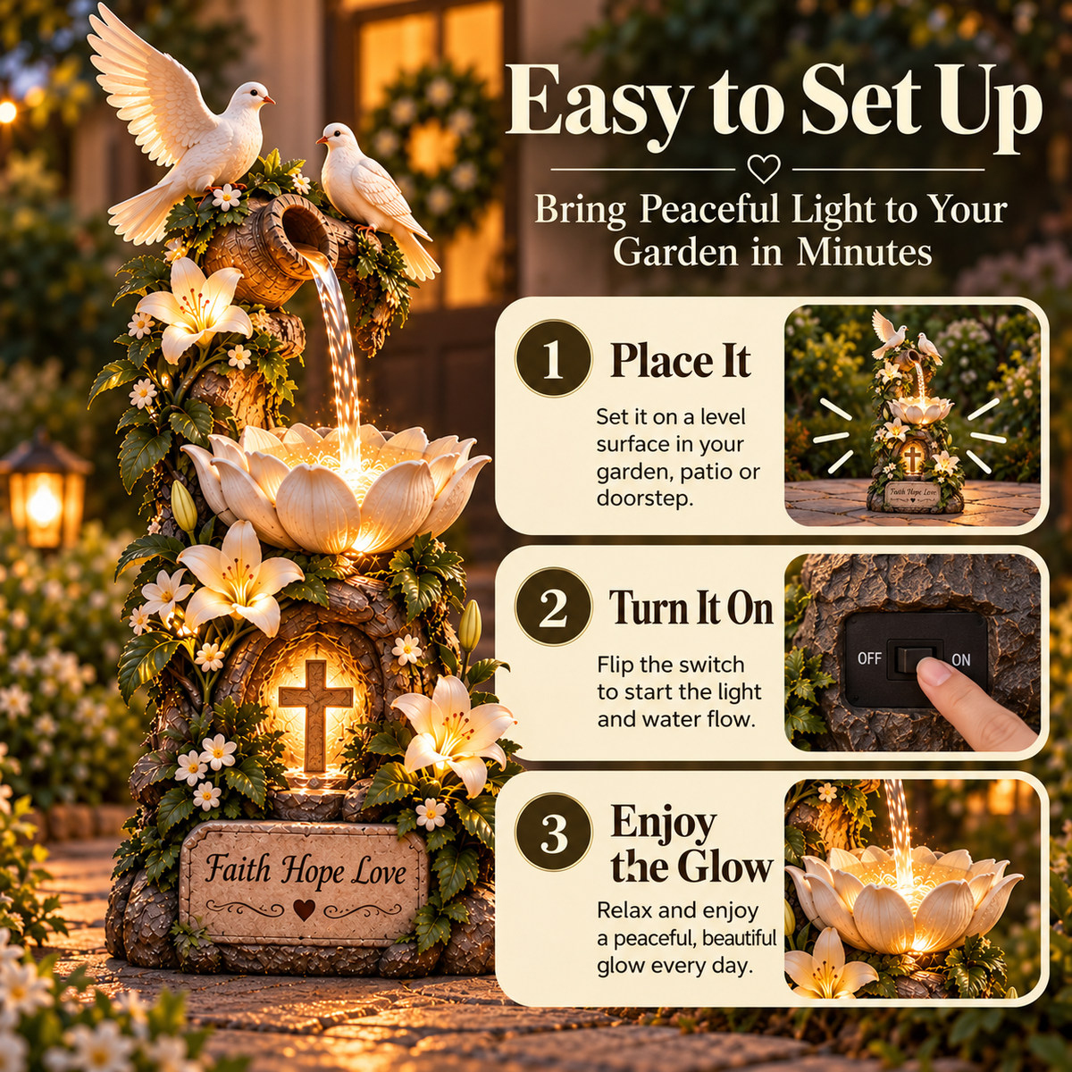 🕊️✝️ Faith Hope Love Fountain™ – Lighted Christian Garden Decor