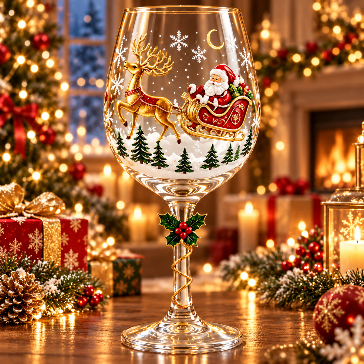 Santa Sleigh and Reindeer Christmas Wine Glass