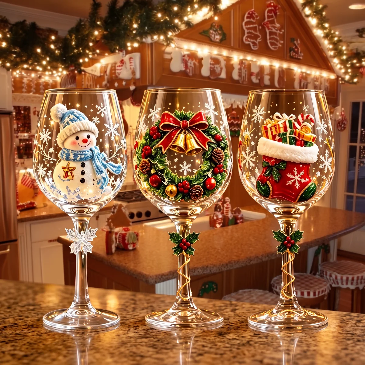 Snowman Wreath and Christmas Stocking Wine Glasses