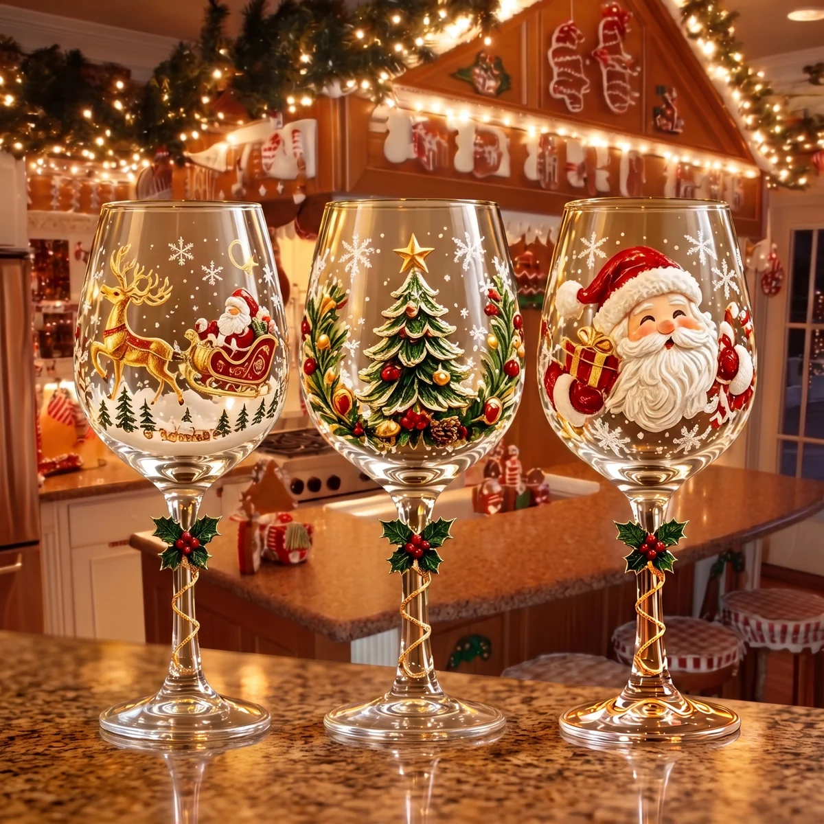 Reindeer Christmas Tree and Santa Wine Glasses