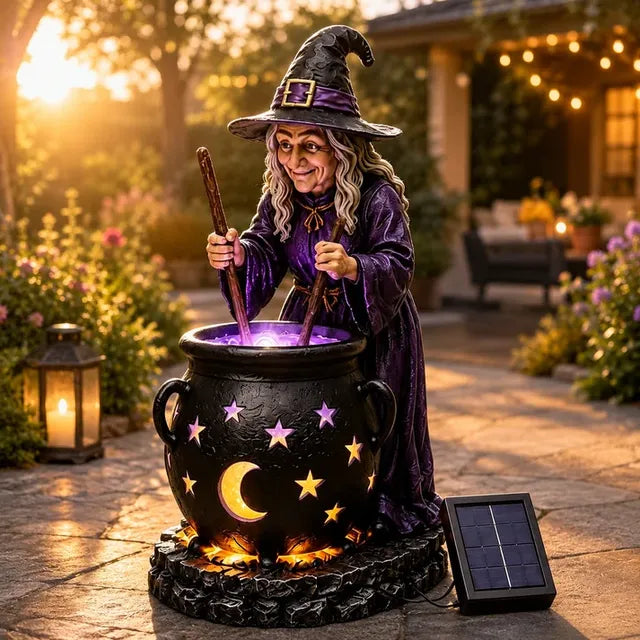 Halloween Witch Cauldron Solar Light glowing at sunset